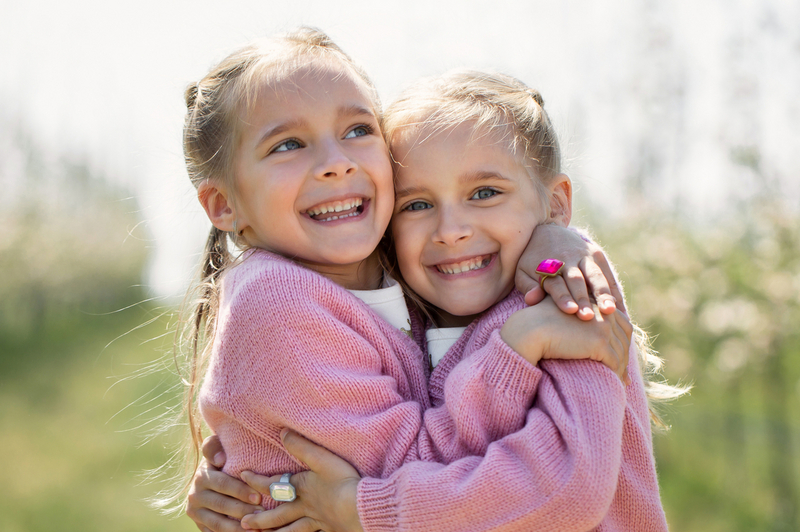 Zwei lächelnde Mädchen umarmen sich in einer blühenden Landschaft. Beide tragen rosa Pullover und haben blonde Haare. Der Hintergrund zeigt eine Reihe von Bäumen, die mit Blüten bedeckt sind. Die Stimmung ist freundlich und fröhlich.