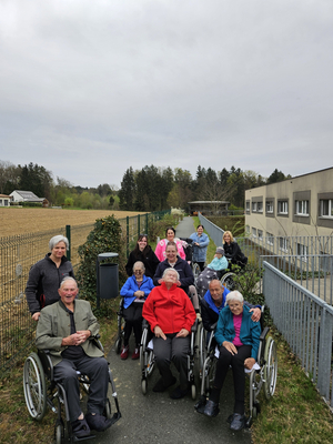 Gruppe von Senioren in Rollstühlen auf einem Gehweg, umgeben von Natur. Einige Personen sitzen, andere stehen hinter ihnen. Ein Gebäude und ein Zaun sind im Hintergrund sichtbar. Es ist bewölkt und die Szene strahlt eine freundliche, gemeinschaftliche Atmosphäre aus.