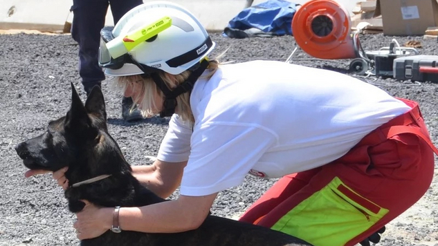 Hundeführerin mit Rettungshund bei einer Übung